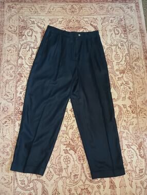 Ralph Lauren Womens Linen Trouser Pants 14 Navy High Rise Cuff Pleated Old Money
